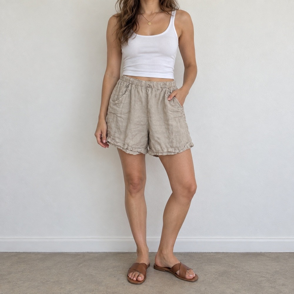 Puro Lino Womens Shorts Small Beige Linen Elastic Waist Pockets Coastal Grandma